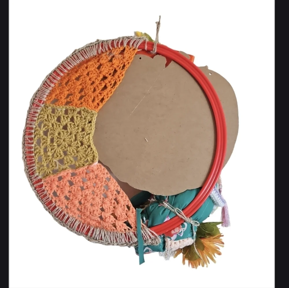 Handcrafted holiday wreath fall crochet pumpkin wall decor floral gnome collage